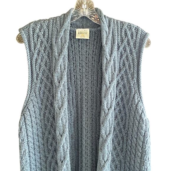 KILRONAN KNITWEAR Sz S Merino Wool Cable Knit Longline Vest Sleeveless Cardigan - Picture 3 of 10